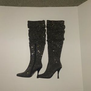 Rhinestone embellished knee high heeled boots